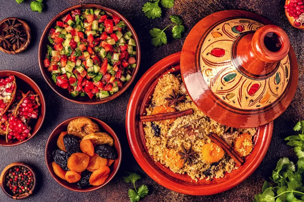 Moroccan tagine and food on table